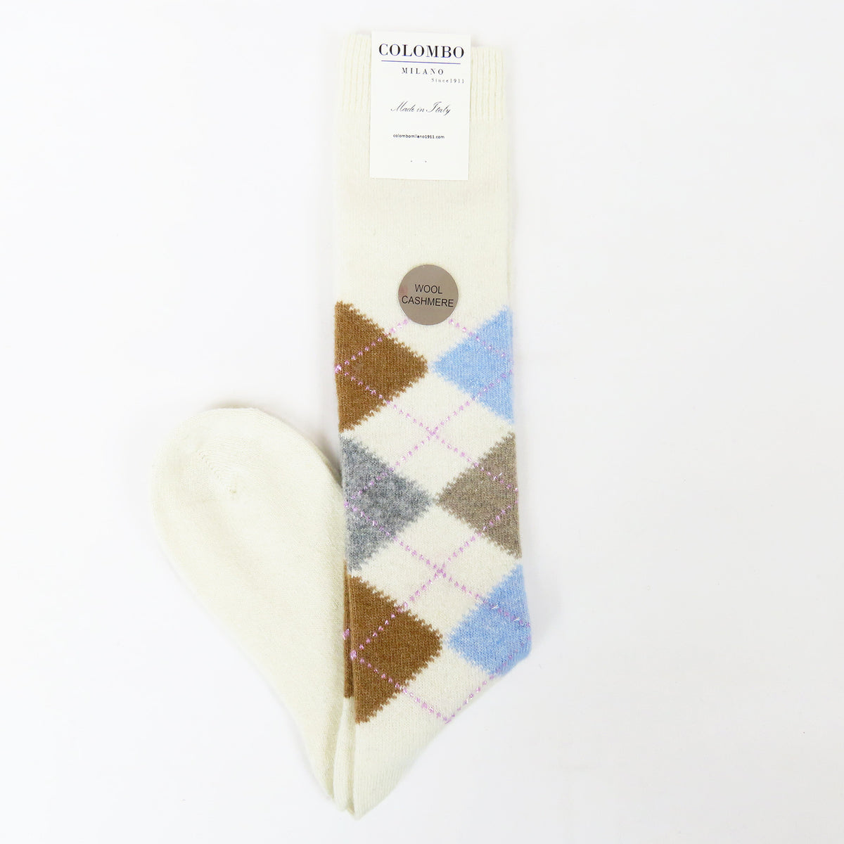 Calze lunghe in Cashmere a rombi con lurex - colori chiari panna