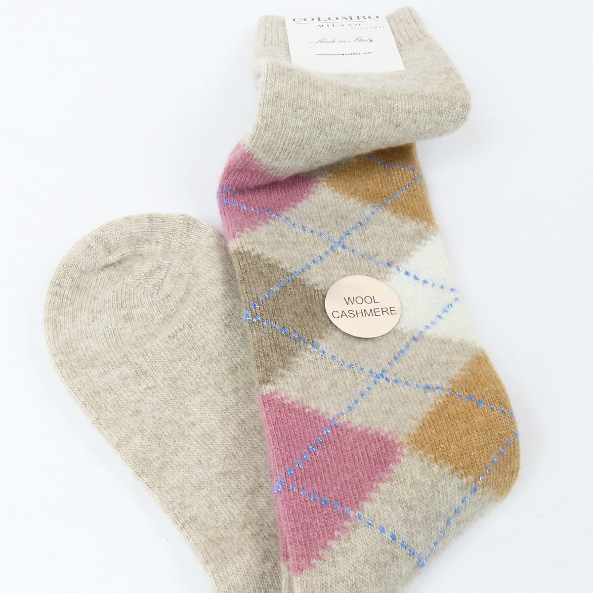 Calze lunghe in Cashmere a rombi con lurex - colori chiari beige dettaglio