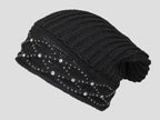 Nero - berretto donna - cappello morbido tricot con motivo a catene tempestato di strass