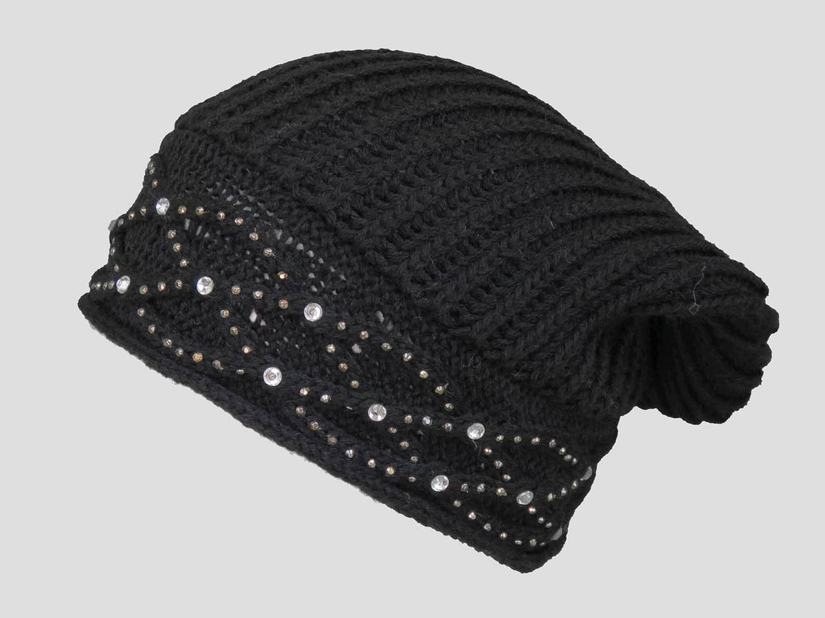 Nero - berretto donna - cappello morbido tricot con motivo a catene tempestato di strass