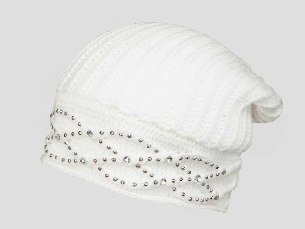 panna - berretto donna - cappello morbido tricot con motivo a catene tempestato di strass