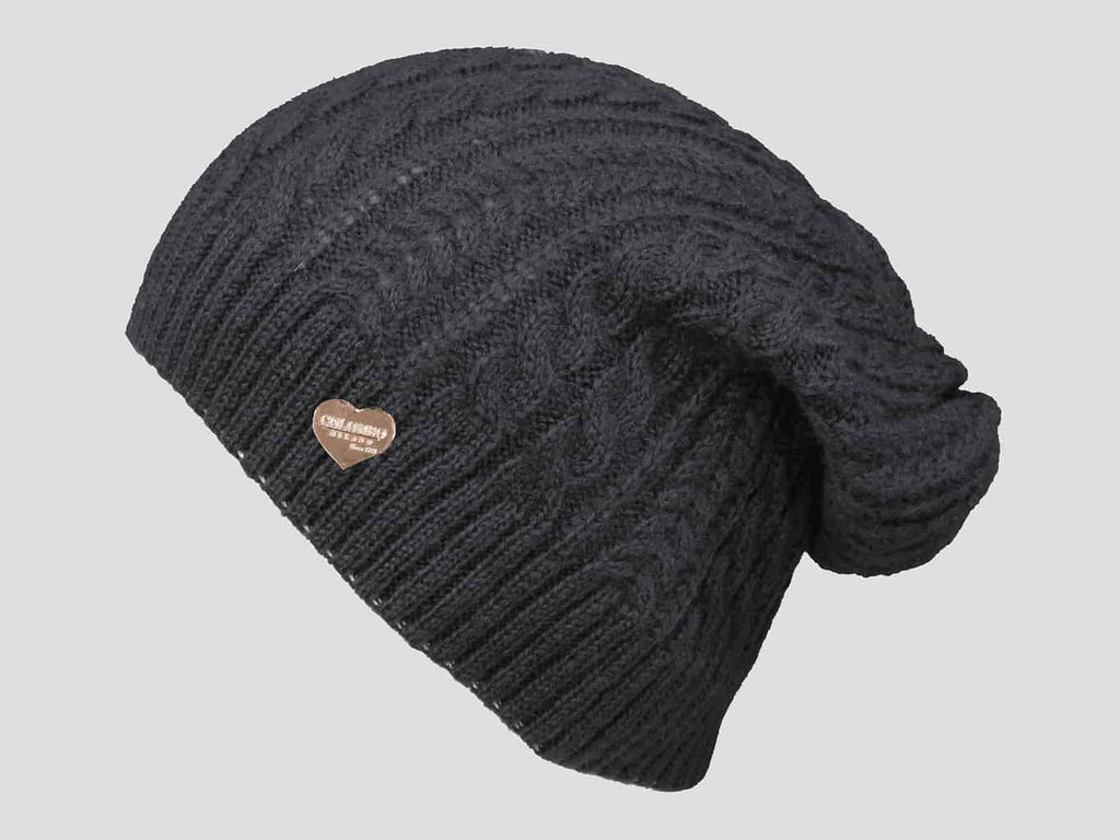 nero - berretto donna - cappello morbido tricot lavorato a trecce con medaglietta oro a cuore
