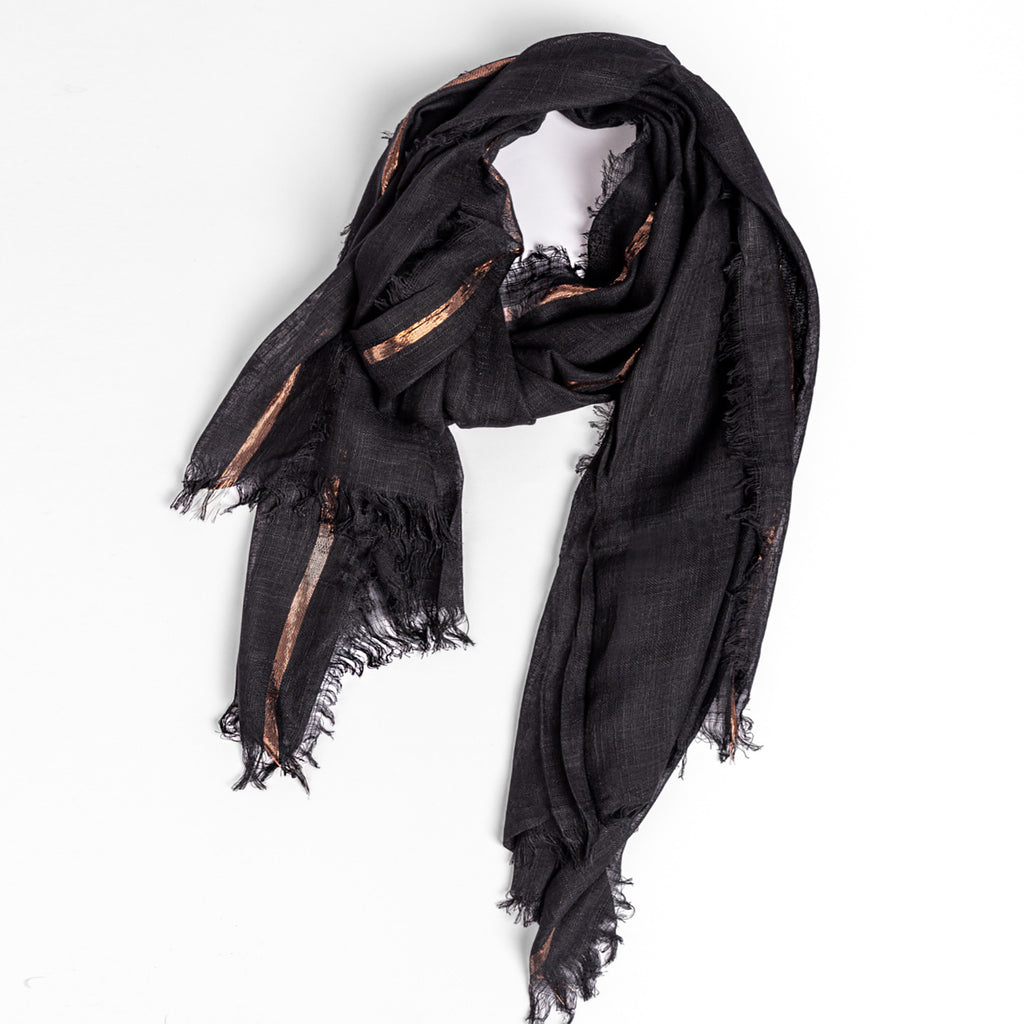 Sciarpa con frange e riga lurex bronzo in scatola regalo aperta
