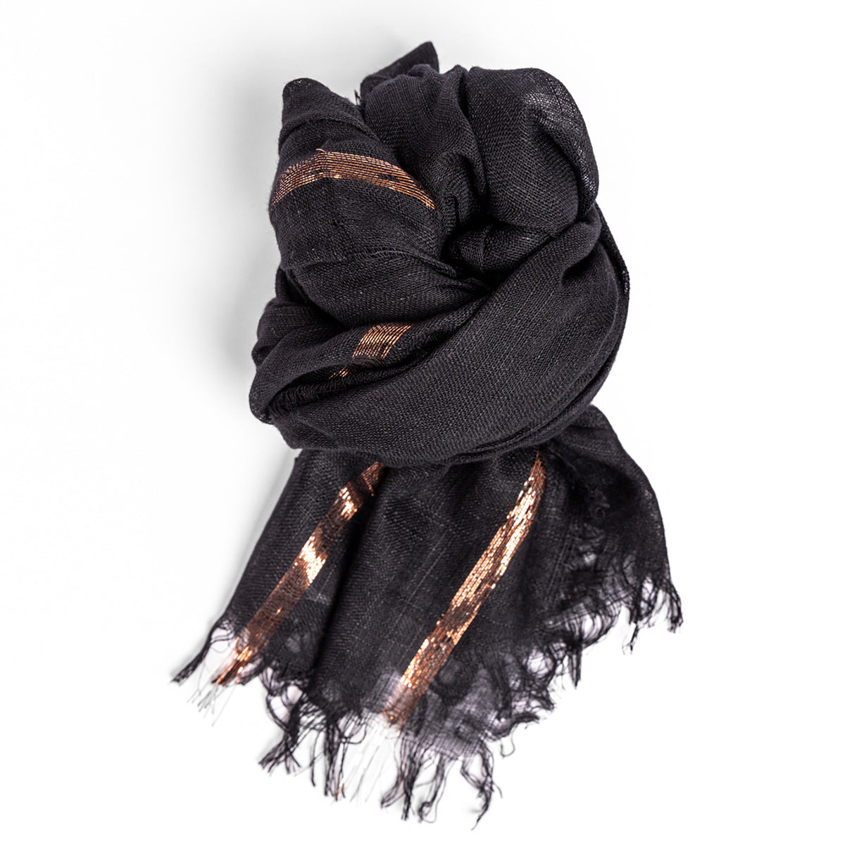 Sciarpa con frange e riga lurex bronzo in scatola regalo nera