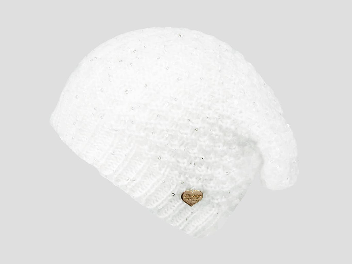 Panna - berretto donna - cappello morbido tricot tempestato di pailettes con medaglietta d'oro a forma di cuore