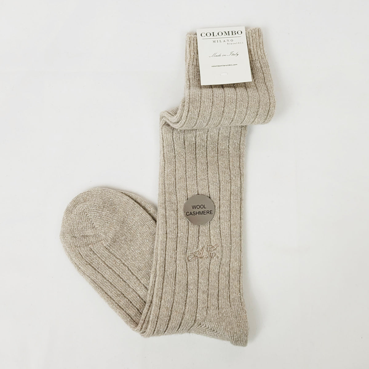 Calze sabbia lunghe in Cashmere con lurex argento con iniziali