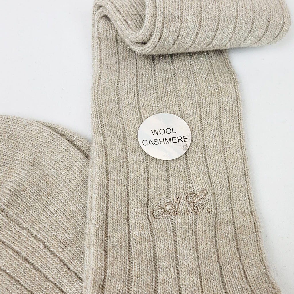 Calze sabbia lunghe in Cashmere con lurex argento con iniziali dettaglio