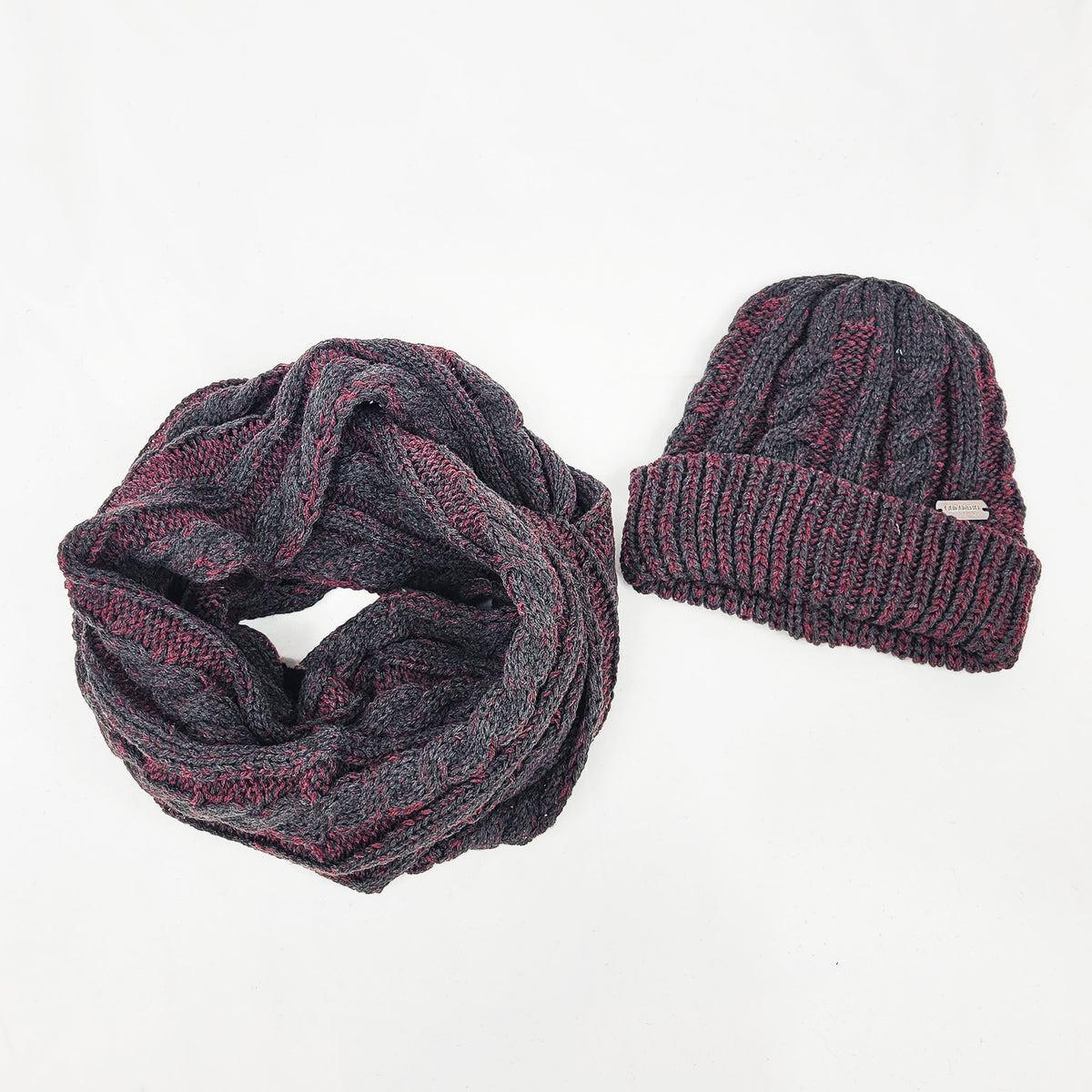 Cappello e sciarpa bicolor a trecce da uomo - burgundy