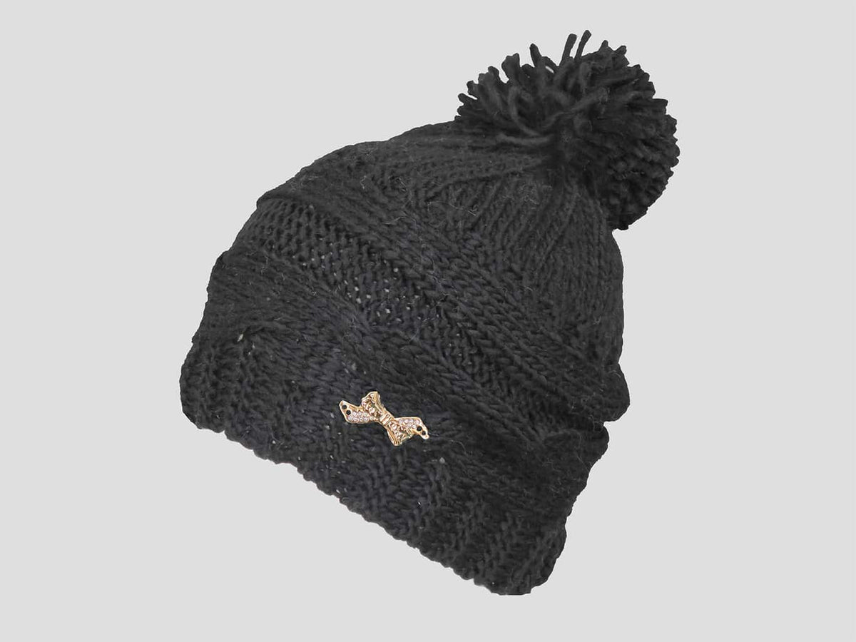 Nero - berretto donna - cappello morbido tricot a trecce con pom-pon decorato da un fiocco d'oro con strass
