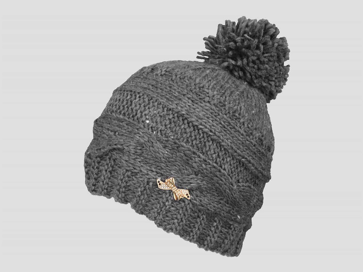 Grigio - berretto donna - cappello morbido tricot a trecce con pom-pon decorato da un fiocco d'oro con strass