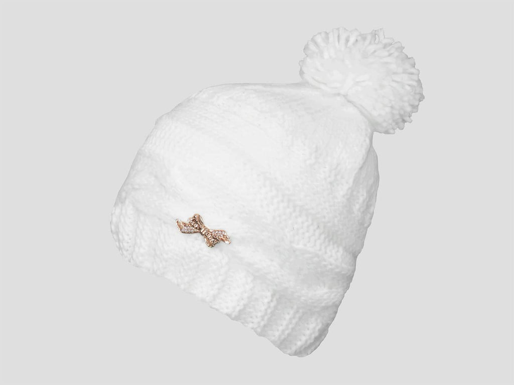Panna - berretto donna - cappello morbido tricot a trecce con pom-pon decorato da un fiocco d'oro con strass