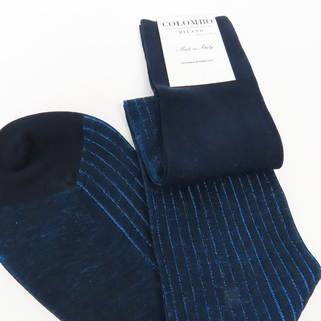 Calza lunga a coste in filo di scozia bicolor blu-denim dettaglio
