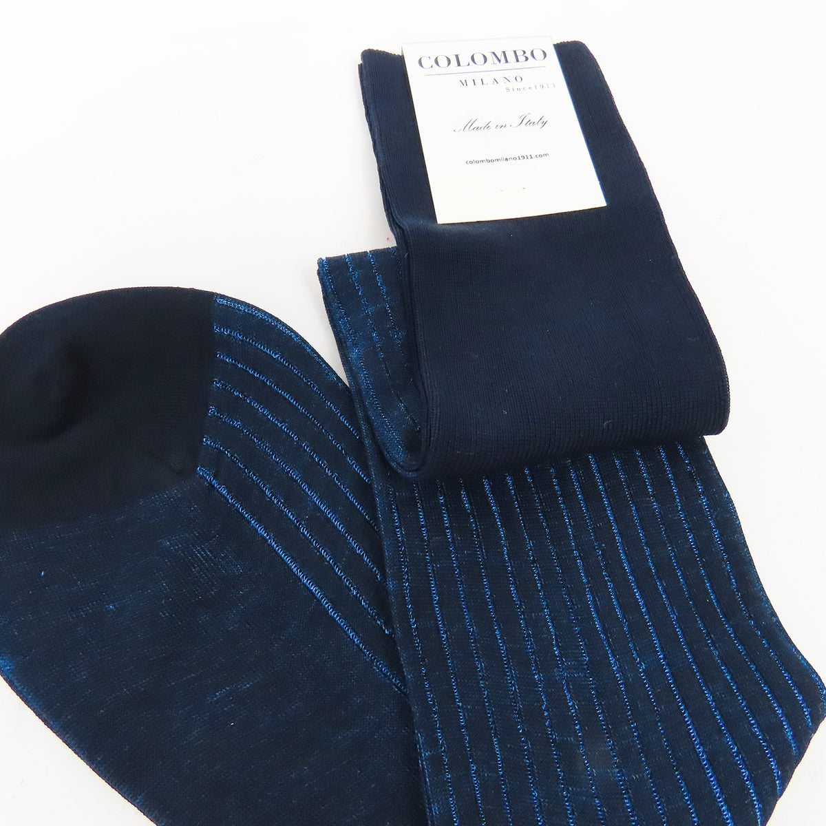 Calza lunga a coste in filo di scozia bicolor blu-denim dettaglio