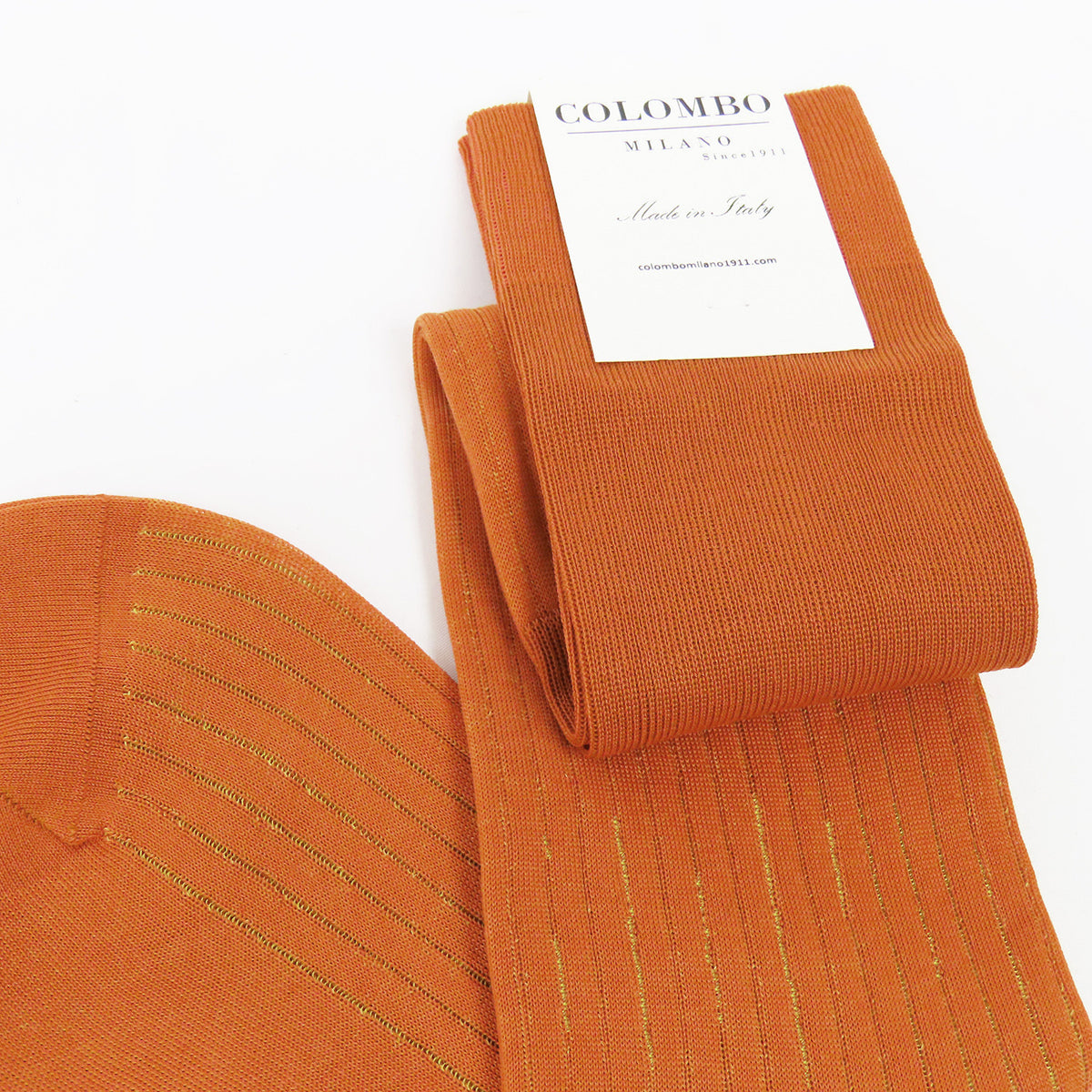 Calza lunga a coste colorata in filo di scozia bicolor arancio dettaglio