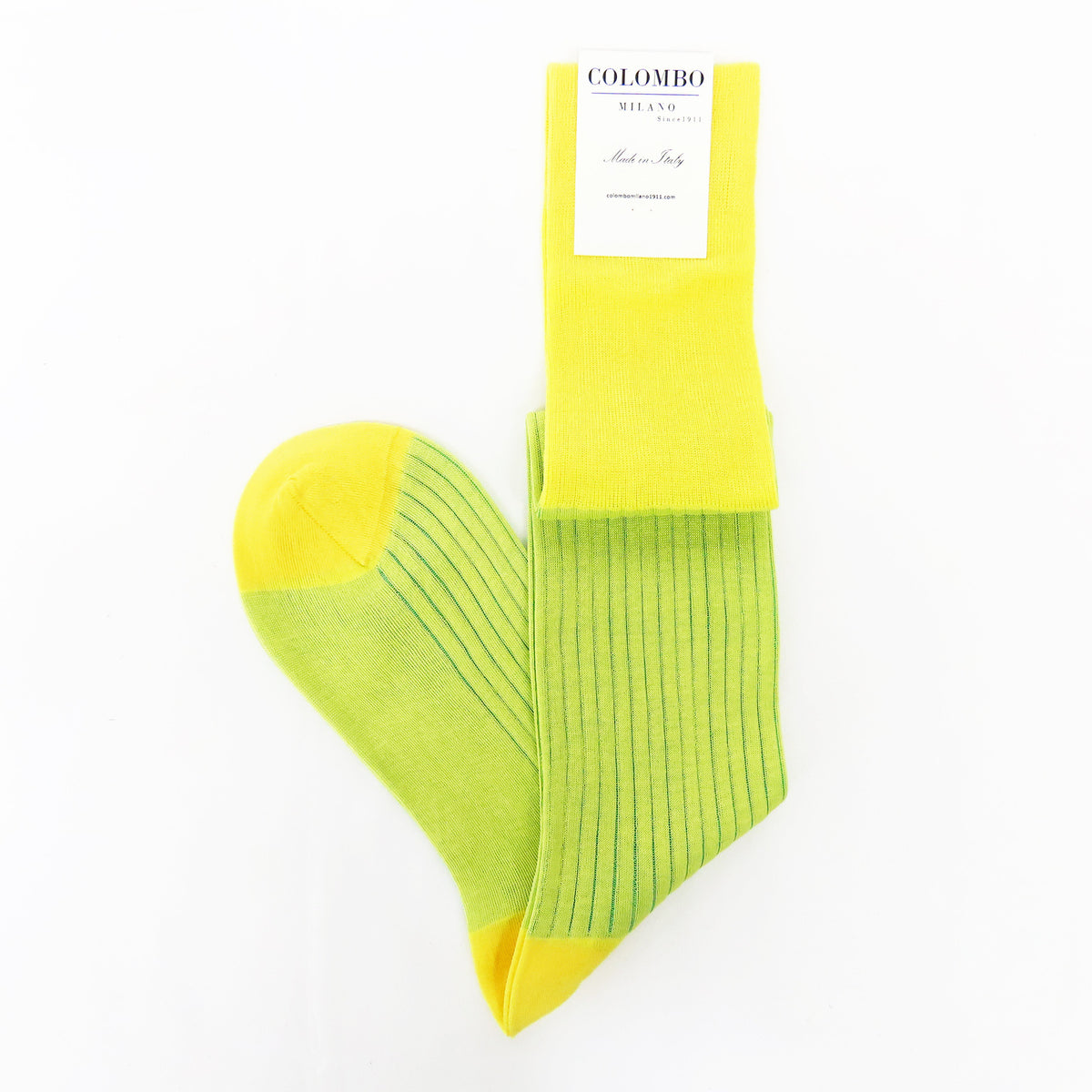 Calza lunga a coste colorata in filo di scozia bicolor giallo