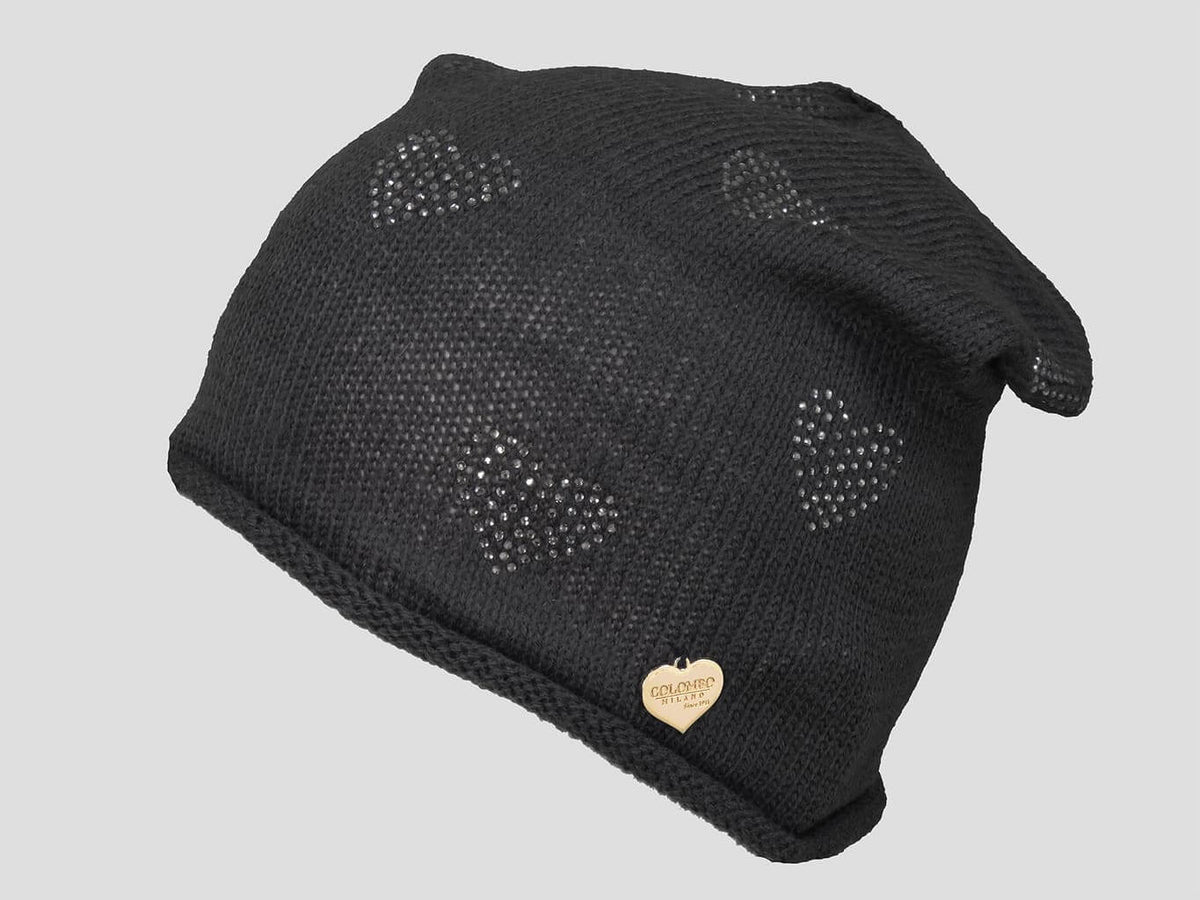 Nero - berretto donna - cappello morbido tricot con cuori di strass e medaglietta oro a forma di cuore