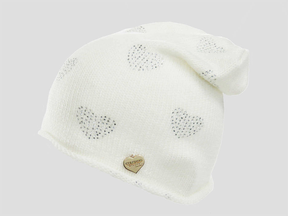 Panna - berretto donna - cappello morbido tricot con cuori di strass e medaglietta oro a forma di cuore