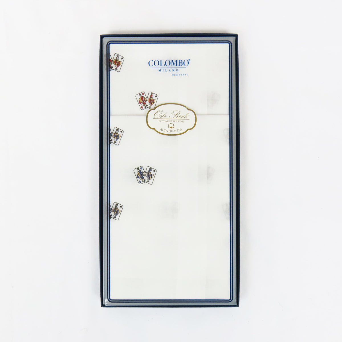 Principe - fazzoletti bianchi con carte da gioco stampate rosse blu fronte