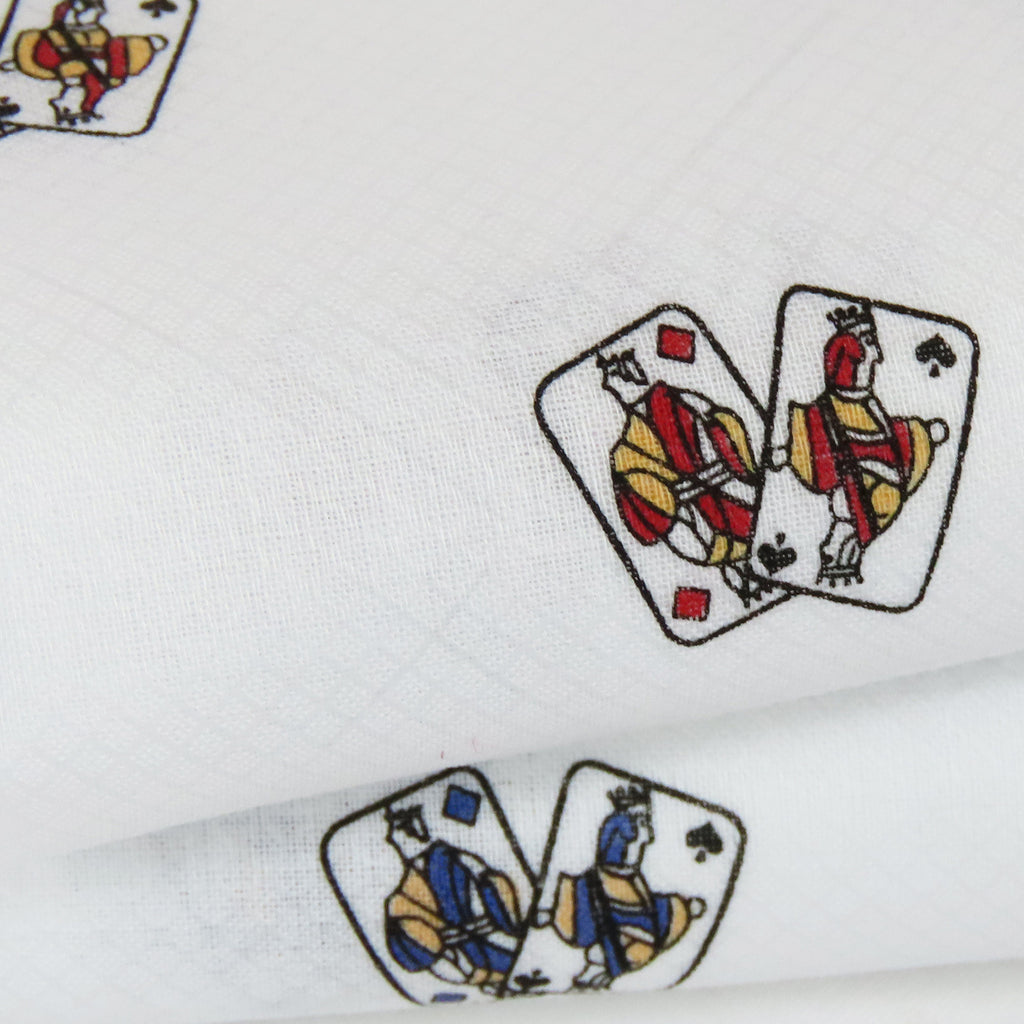 Principe - fazzoletti bianchi con carte da gioco stampate rosse blu dettaglio