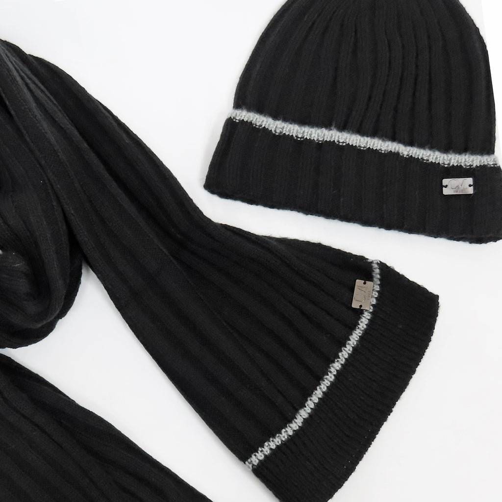 Cappello e sciarpa morbidi neri con riga grigia detail