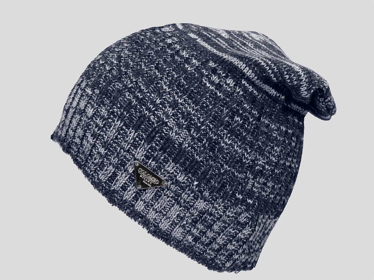 Blu - berretto uomo - cappello lungo tricot bicolore con lavorazione a filato ritorto