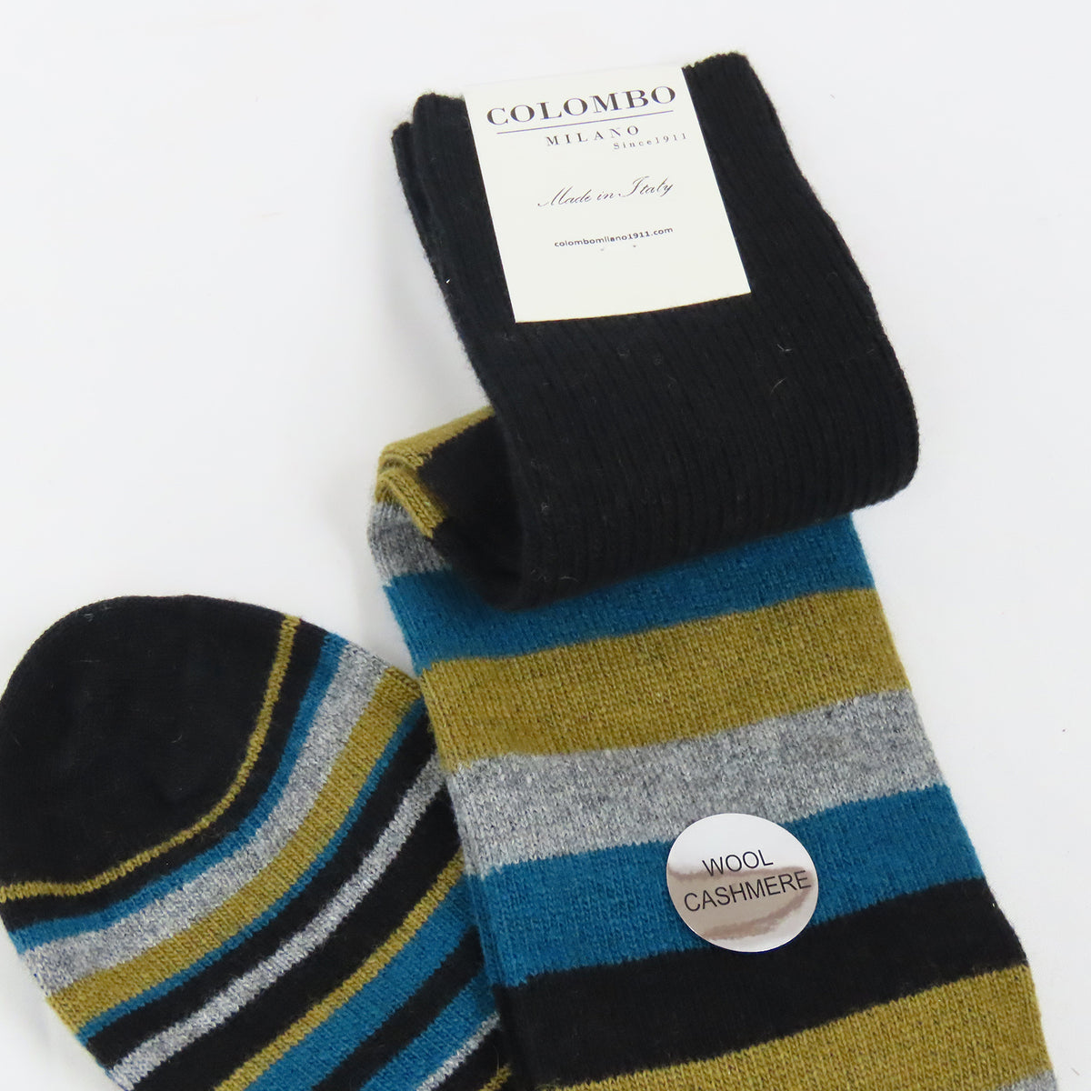 Calze lunghe in Cashmere - righe spesse colorate nero dettaglio