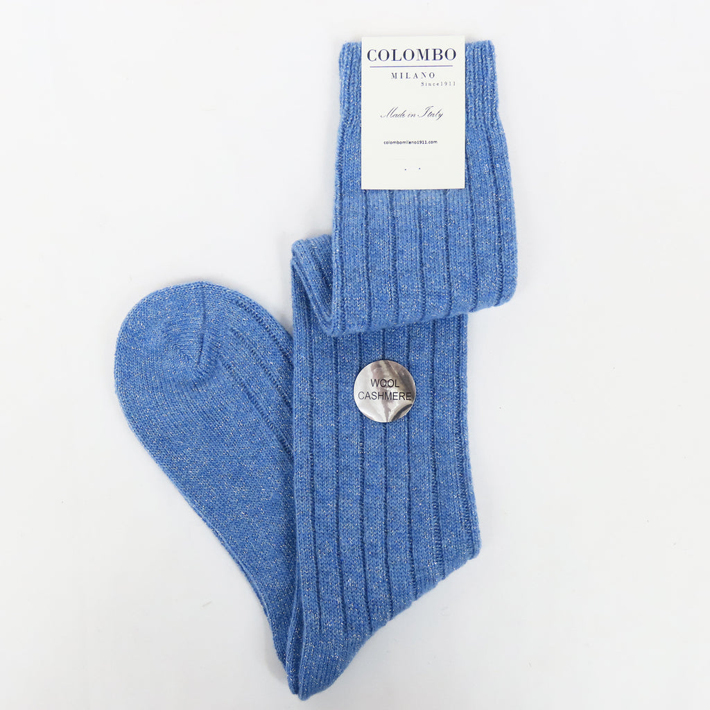 Calze lunghe azzurro polvere in Cashmere con lurex argento