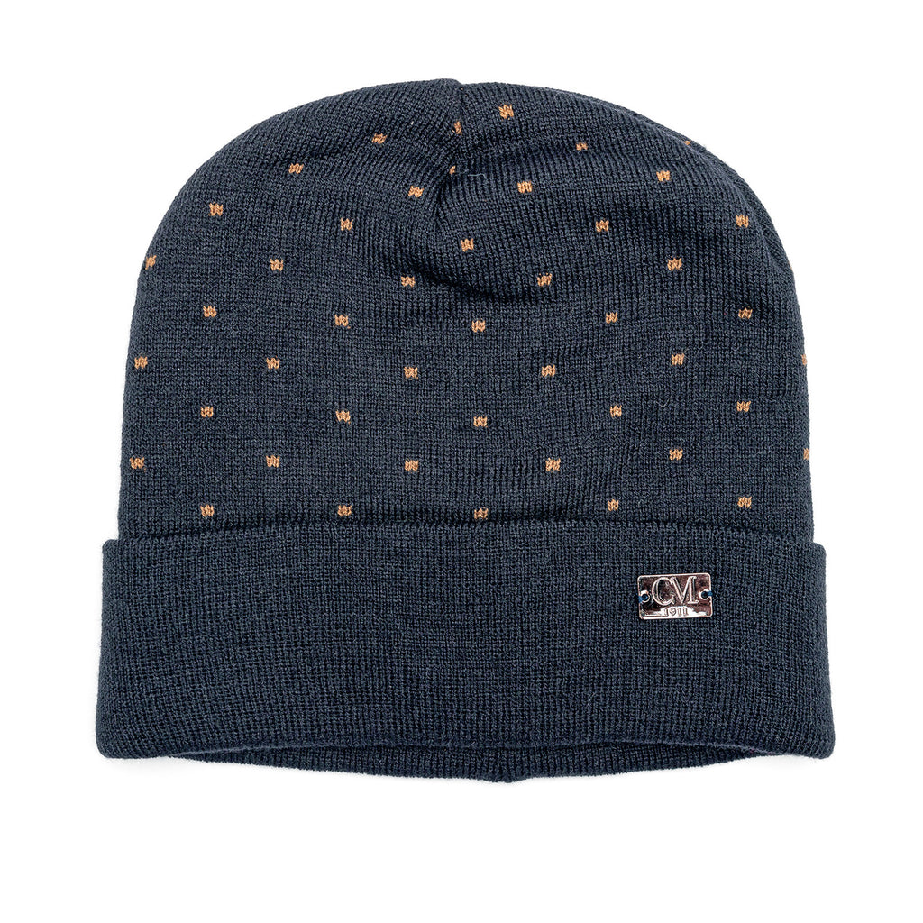 Cappello blu navy con pois camel flat lay