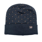 Cappello blu navy con pois camel flat lay