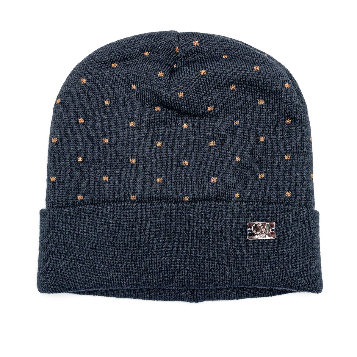 Cappello blu navy con pois camel flat lay