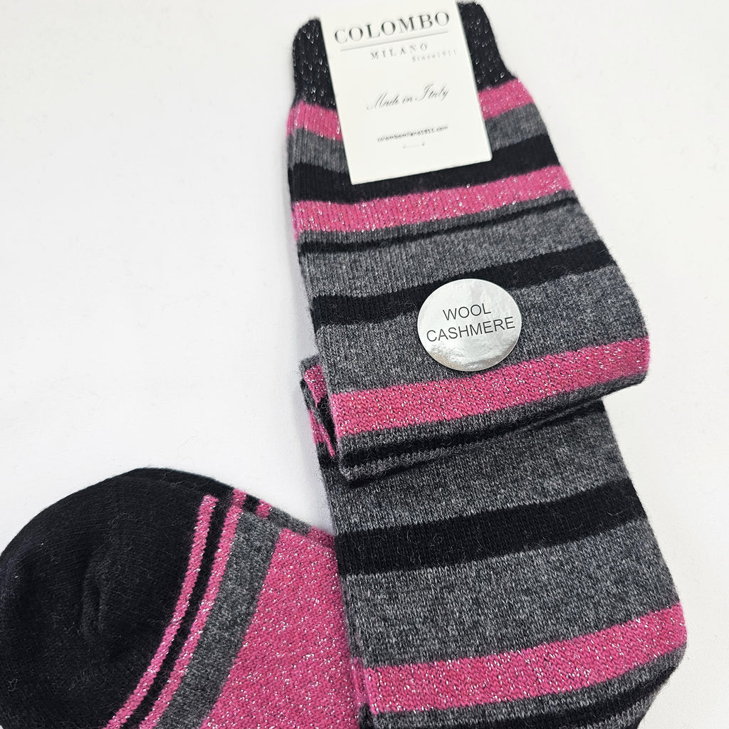 Calze lunghe in Cashmere a righe colorate con lurex nero dettaglio