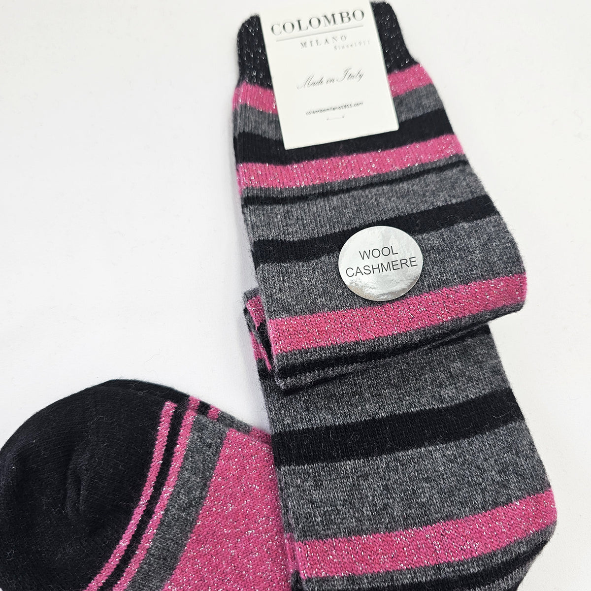 Calze lunghe in Cashmere a righe colorate con lurex nero dettaglio