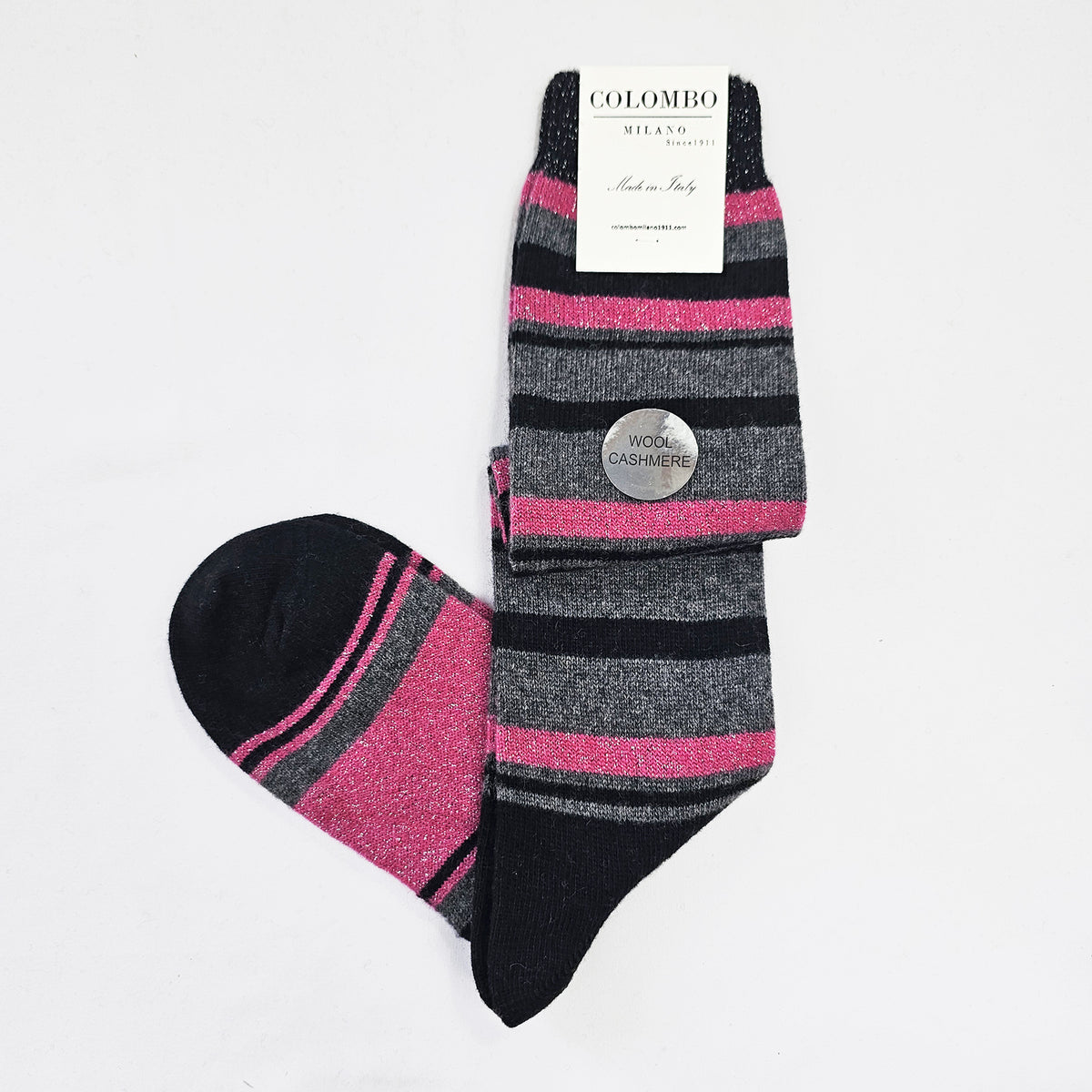 Calze lunghe in Cashmere a righe colorate con lurex nero