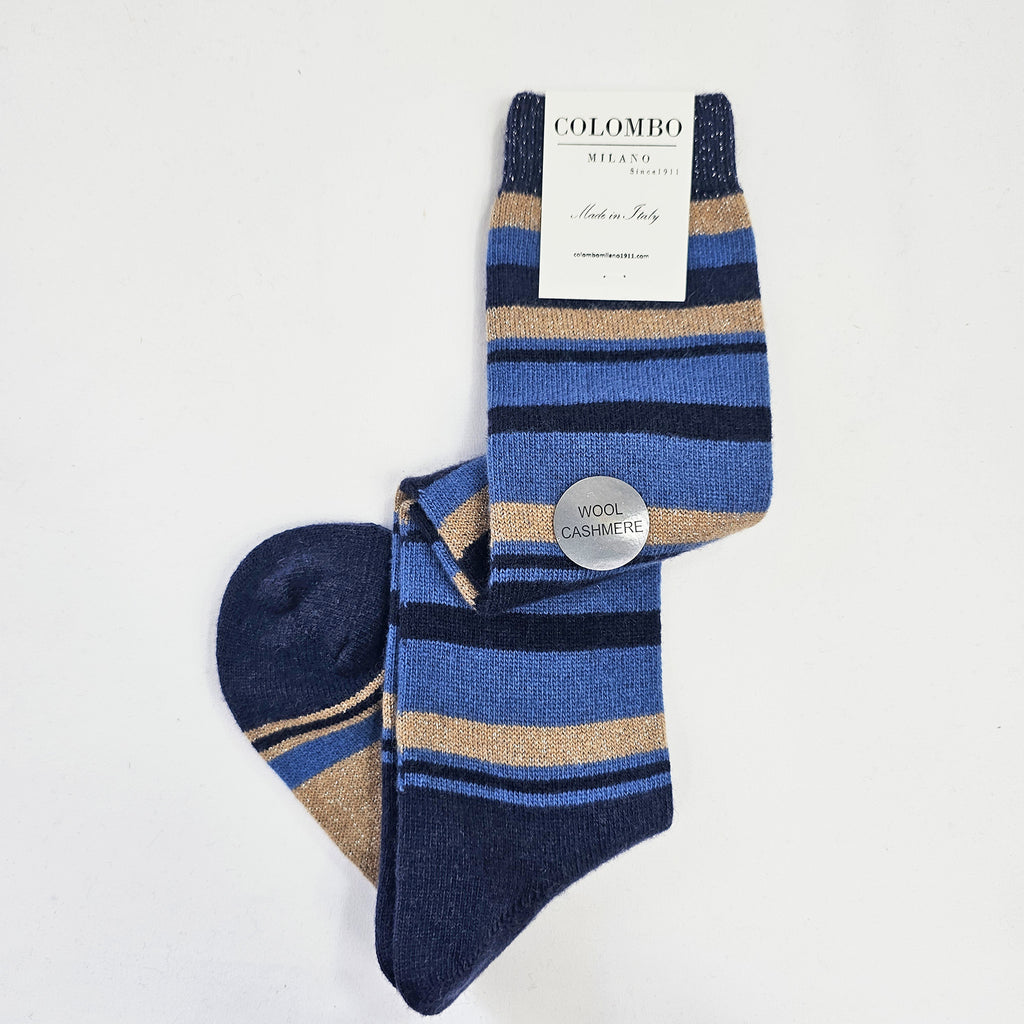 Calze lunghe in Cashmere a righe colorate con lurex blu