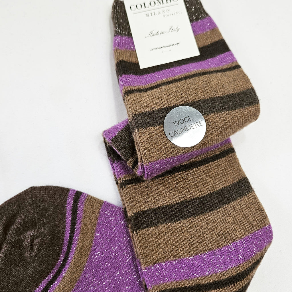 Calze lunghe in Cashmere a righe colorate con lurex marrone dettaglio