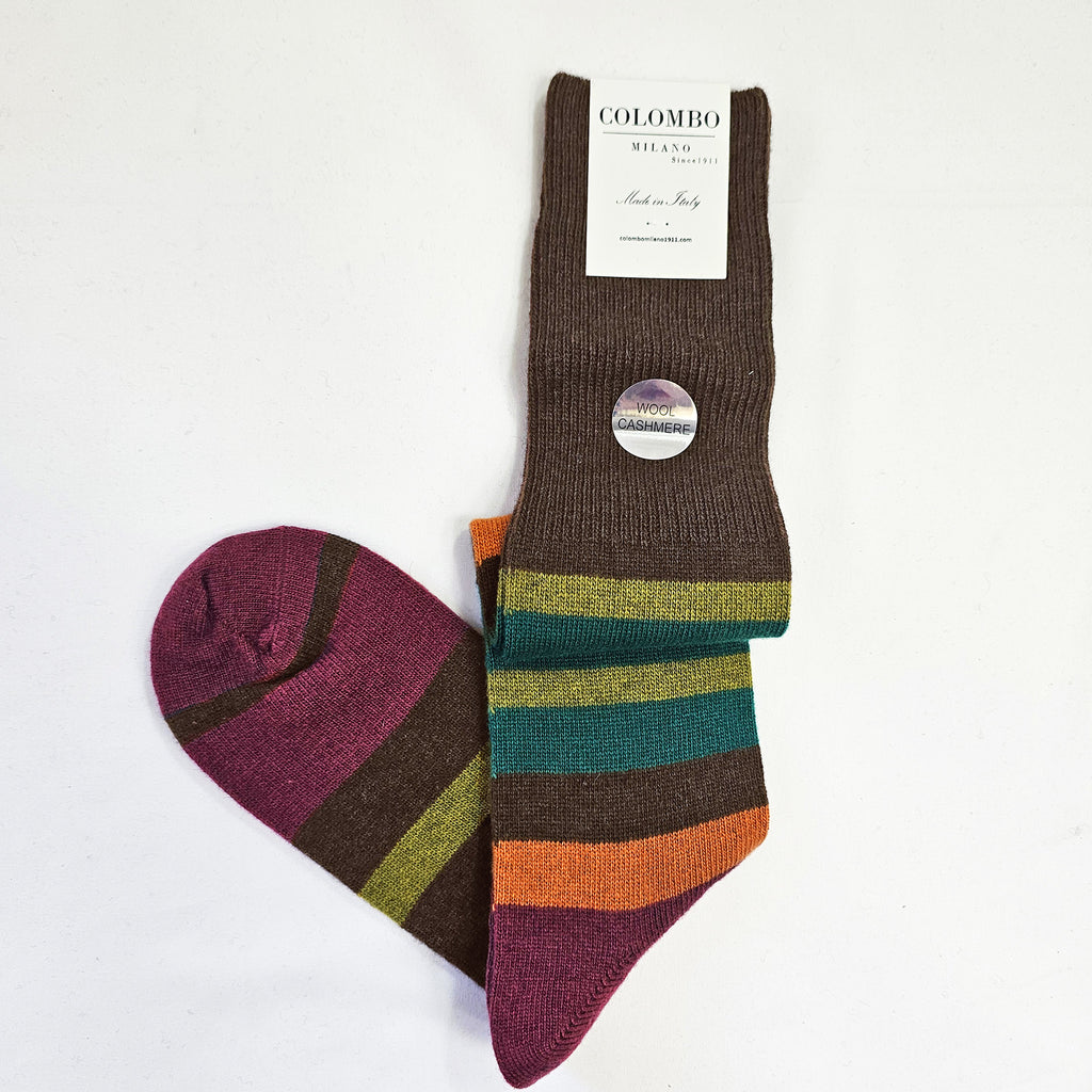 Calze lunghe in Cashmere a righe colorate marrone