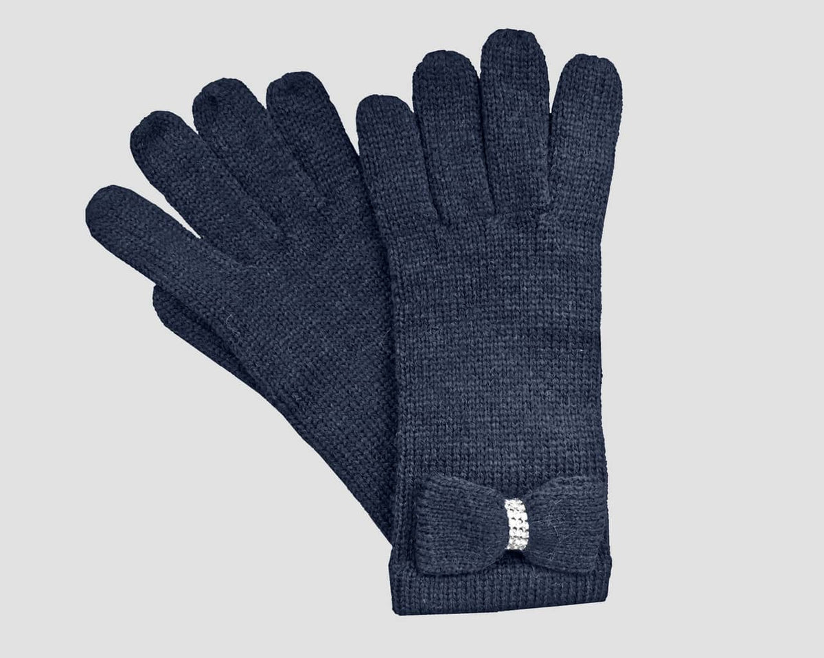 Blu - guanti donna - guanti con fiocco a maglia impreziosito da catena di strass