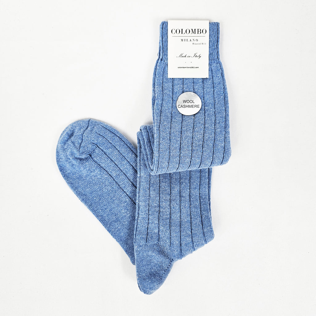 Calze lunghe a costa in Cashmere - denim