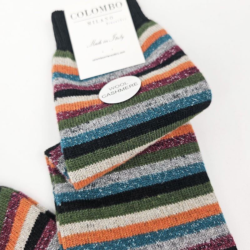 Calze lunghe in Cashmere a righe fini colorate con lurex nero dettaglio