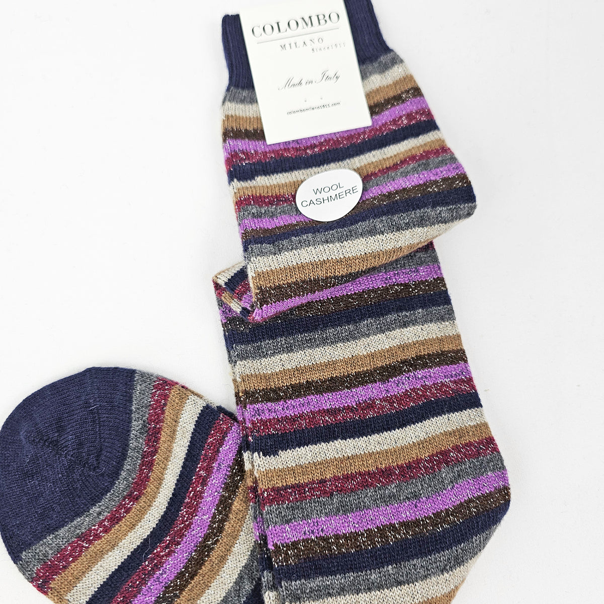Calze lunghe in Cashmere a righe fini colorate con lurex blu dettaglio