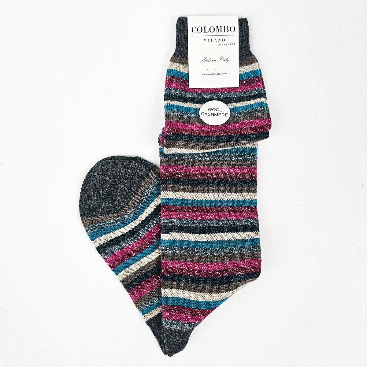 Calze lunghe in Cashmere a righe fini colorate con lurex antracite
