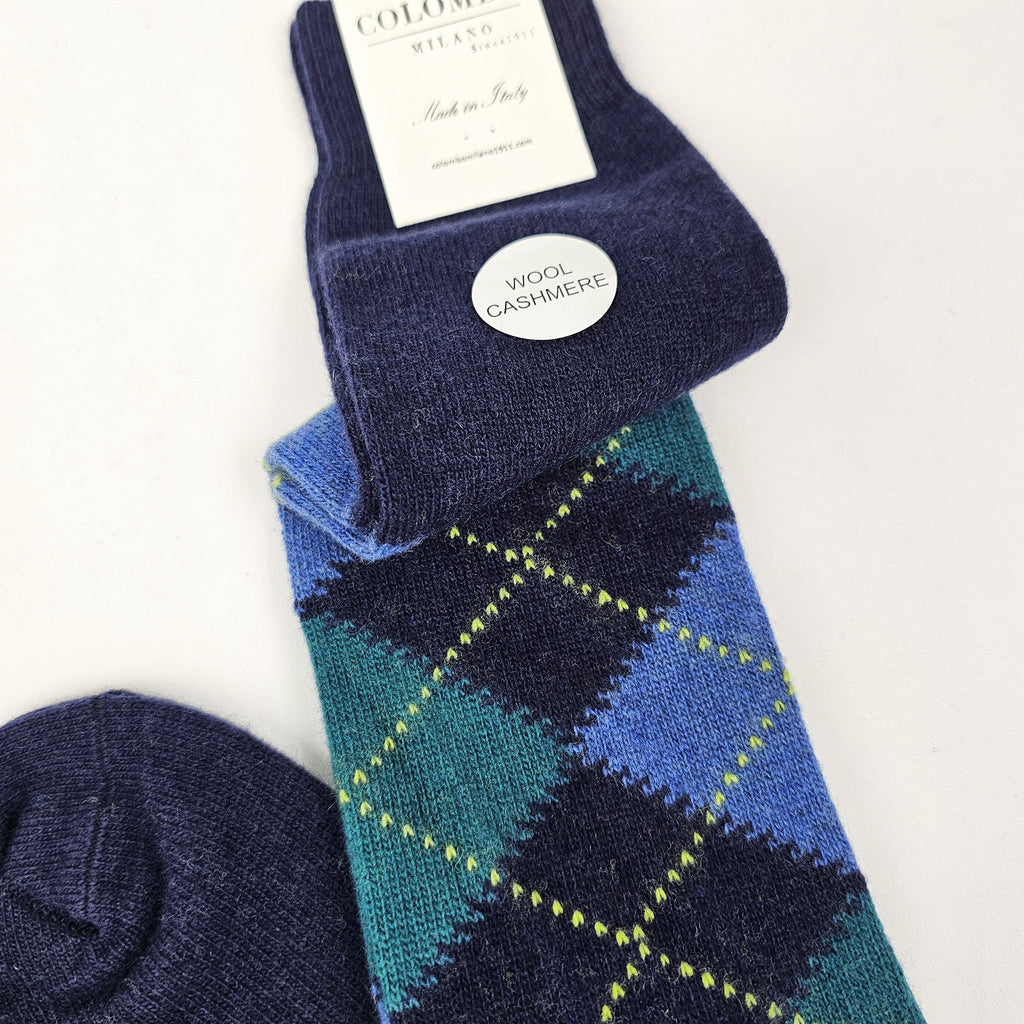 Calze lunghe a rombi in Cashmere colori scuri blu dettaglio