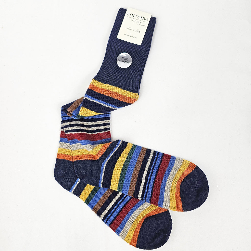 Calze lunghe in Cashmere - righe multicolor blu dettaglio