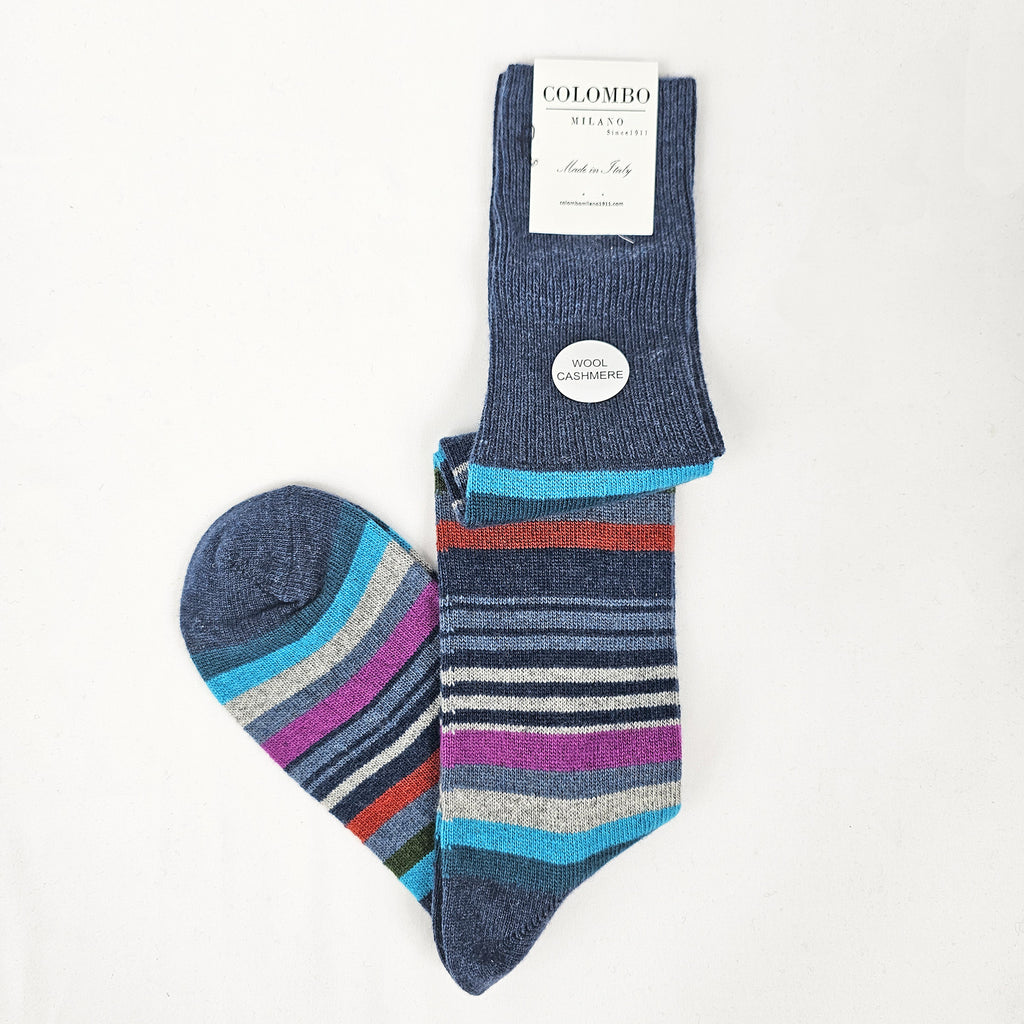Calze lunghe in Cashmere - righe multicolor denim