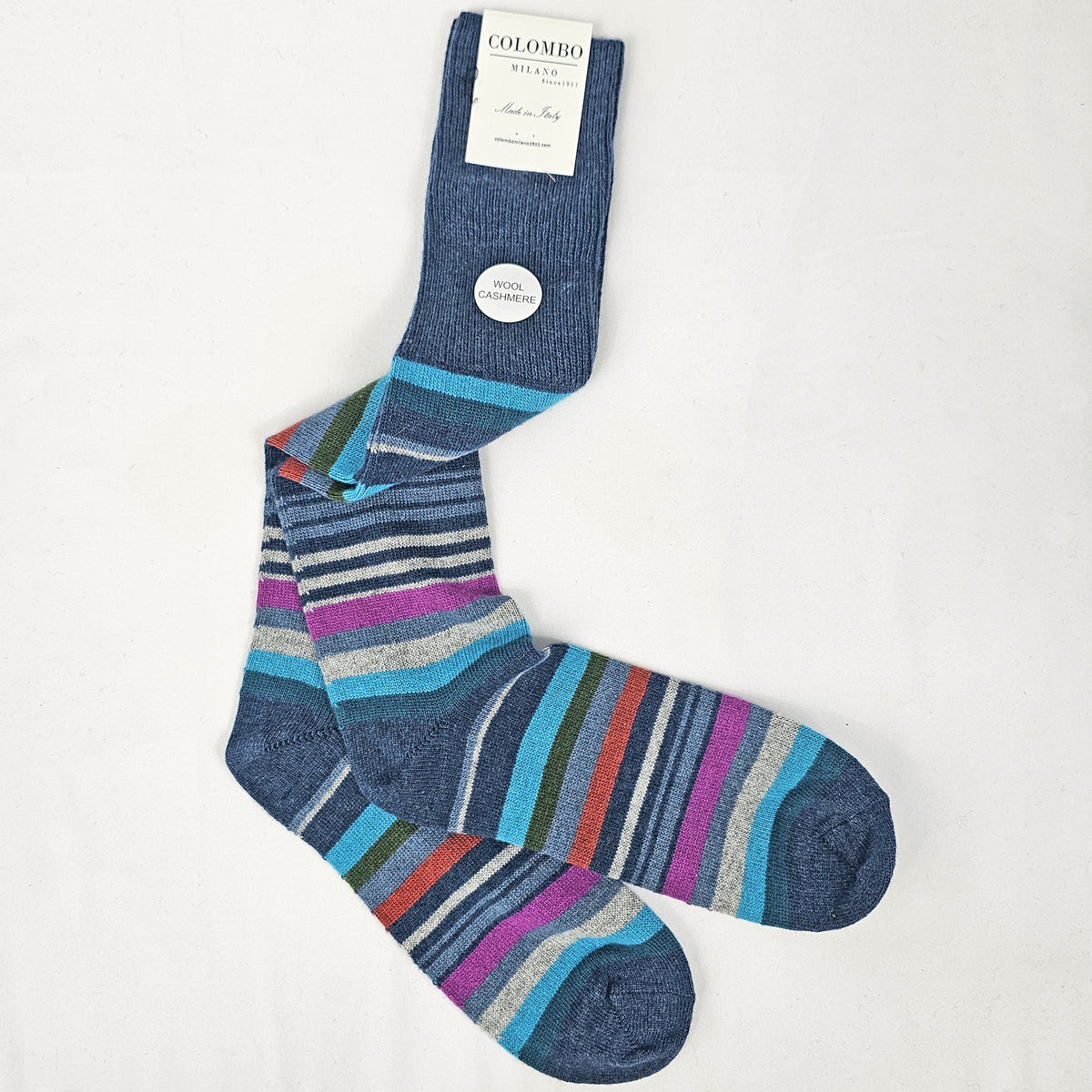 Calze lunghe in Cashmere - righe multicolor denim dettaglio