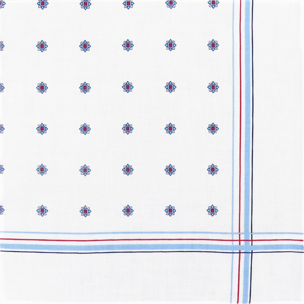 Variante azzurra - Zaffiro - fazzoletto di cotone da uomo stampato con motivi geometrici e righe in tre diversi colori
