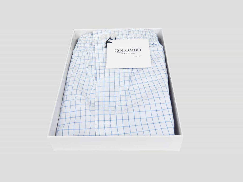 Scatola aperta Kent - Boxer da uomo in cotone bianchi a quadretti blu