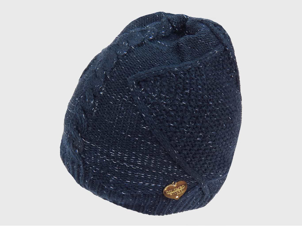 blu- cappello da donna lavorato a trecce e rombi con lurex e medaglietta