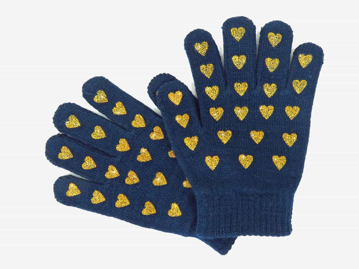 guanti da bimba blu con cuori glitter oro