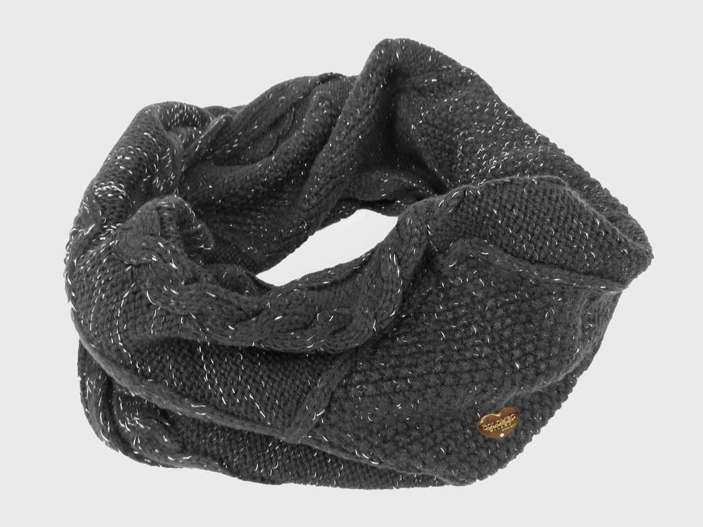 grigia- sciarpa ad anello da donna lavorata a trecce e rombi con lurex